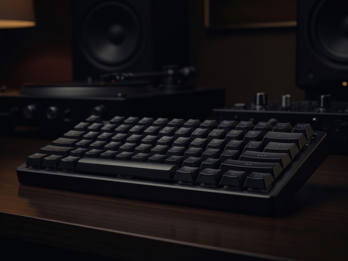 Dark custom keyboard with sculpted keycaps photographed in a shadowed listening room