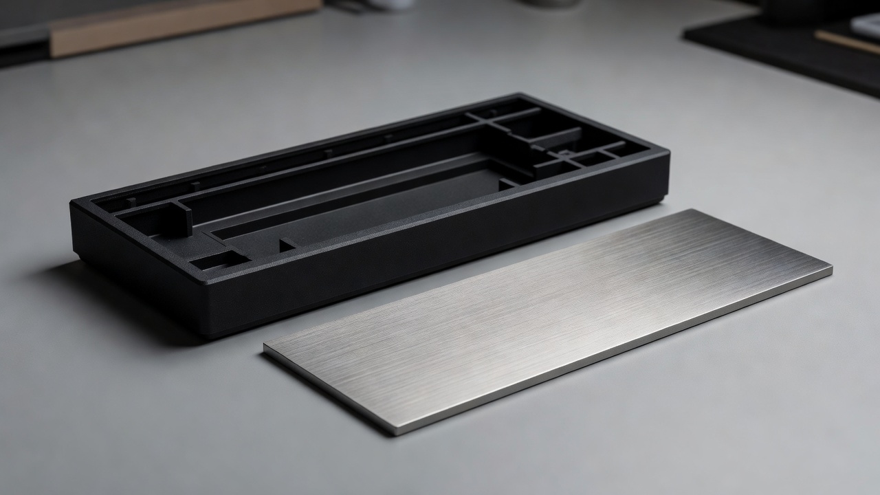Dark keyboard case and metal plate shown as separate acoustic components