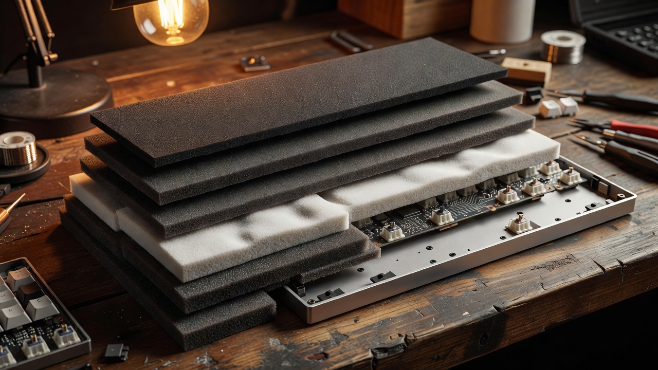 Keyboard dampening foam and internal layers arranged under warm workshop light