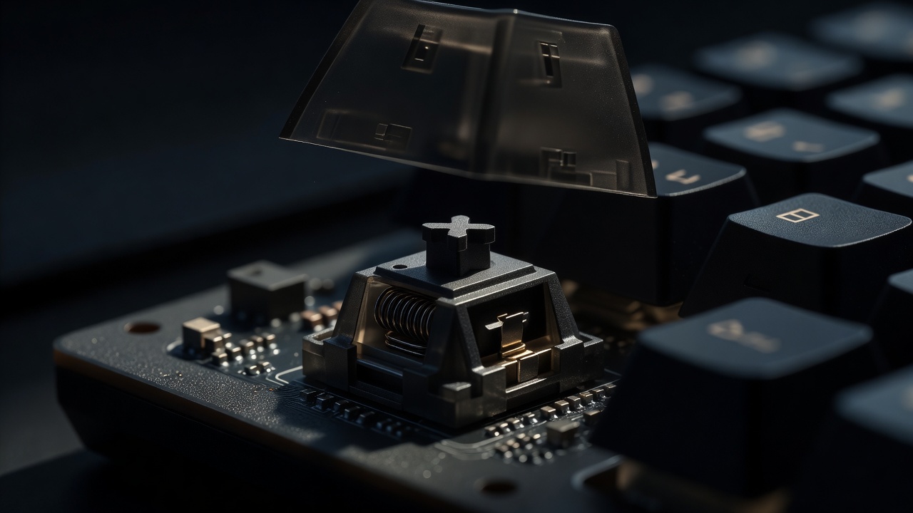 Moody close-up of a mechanical keyboard switch beneath a keycap