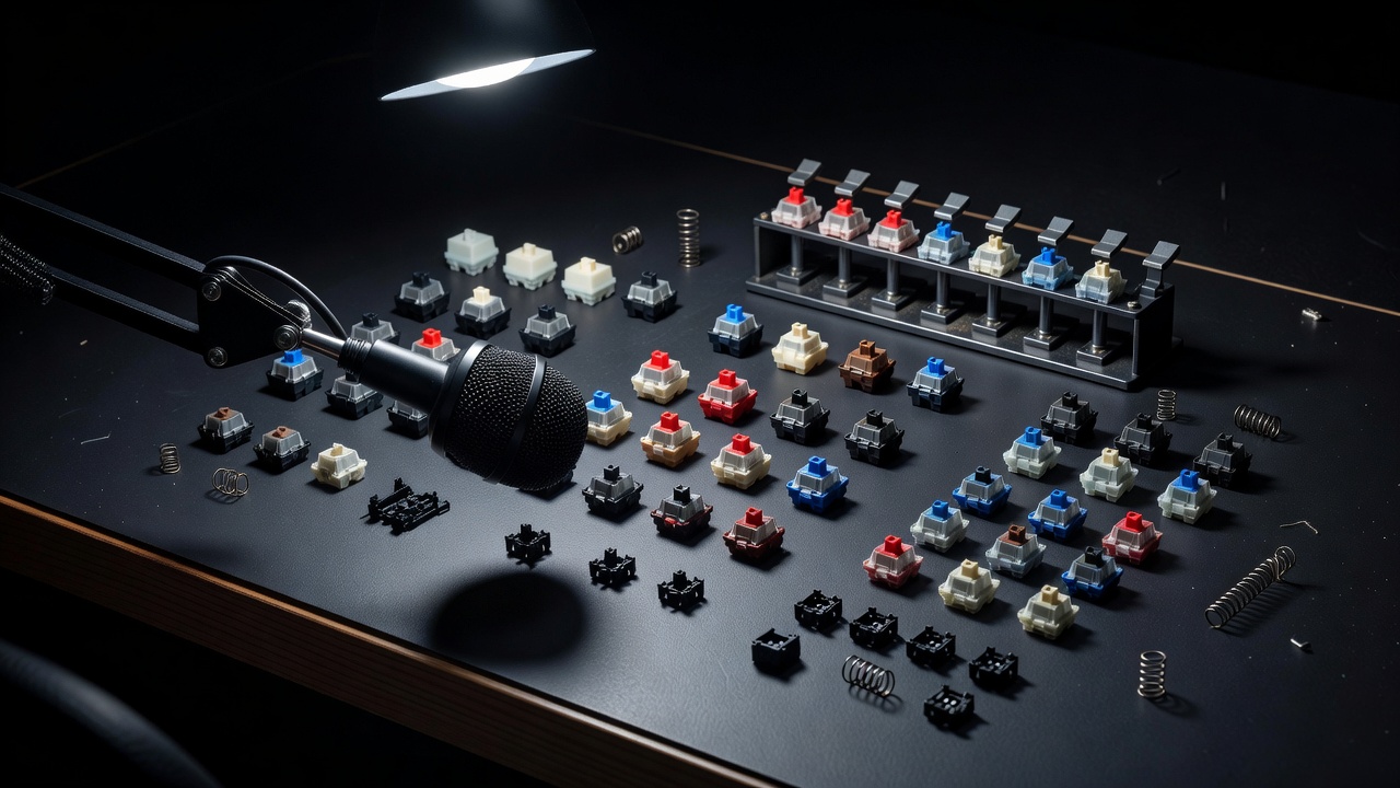 Mechanical keyboard switches arranged on a dark workbench for sound comparison